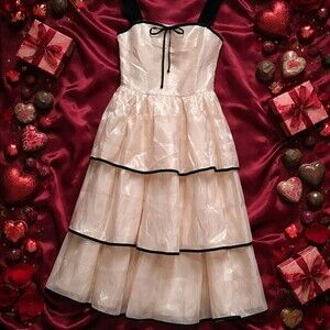 February Dress Womens Size L Champagne Shimmer Tiered Midi Black Straps Bow